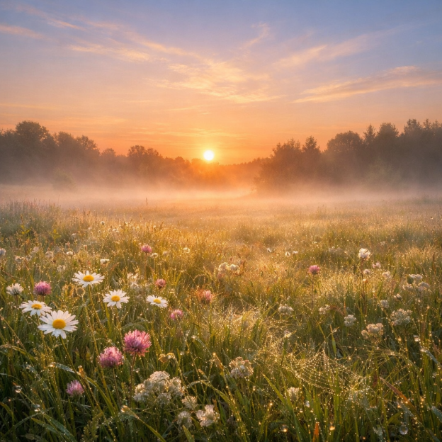 Wildflower meadow with daisies and clover under sunrise with mist and dew