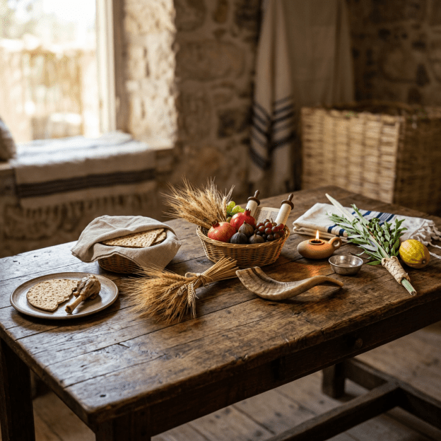 Rustic wooden table with Passover Seder items: matzah, shofar, grapes, pomegranate, candle, olive branch, lemon, and scrolls.