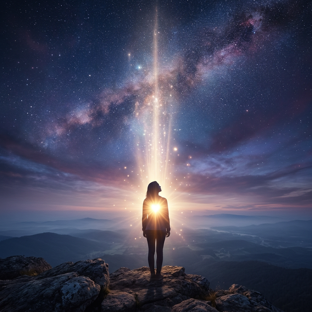Person silhouetted on rocky mountain with glowing light and star-filled night sky