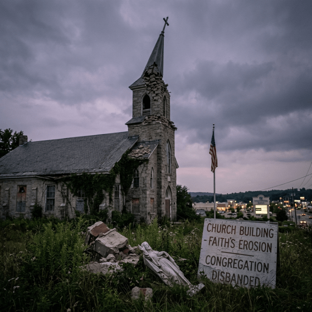 Stone church with crumbling steeple and broken statue near sign about faith erosion and disbanded congregation
