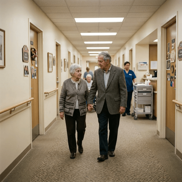 Elderly couple holding hands walking in hallway of care facility with nurse and residents in background