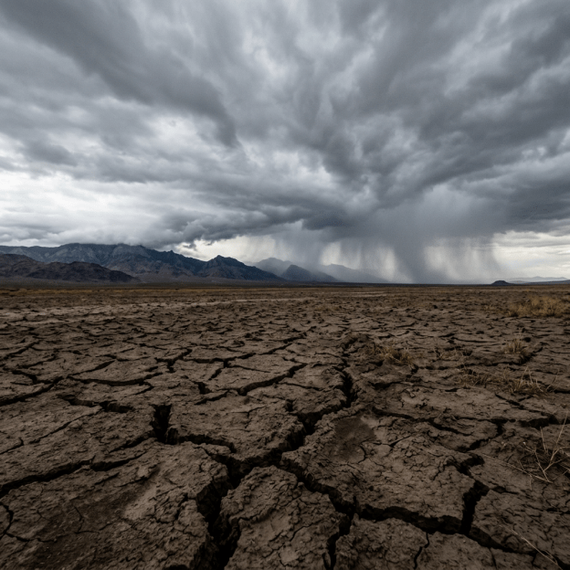 Parched cracked earth in foreground with mountains and rainstorm in background under grey cloudy sky.