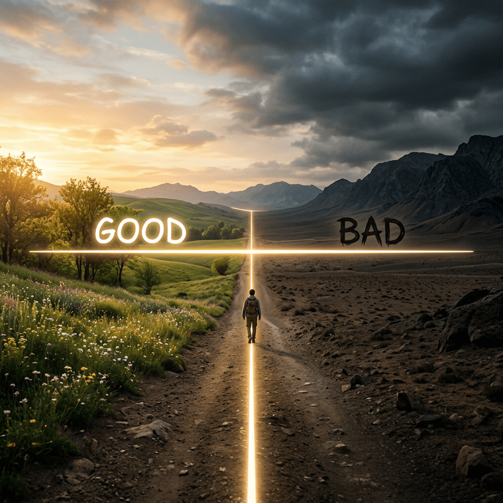 Person walking a dirt path split by lighted lines into a green, sunny side labeled GOOD and a dark, rocky side labeled BAD