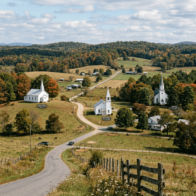 White churches named Clear Grove, Bethesda, and Central on a winding road in a rural Appalachian landscape with fall colors