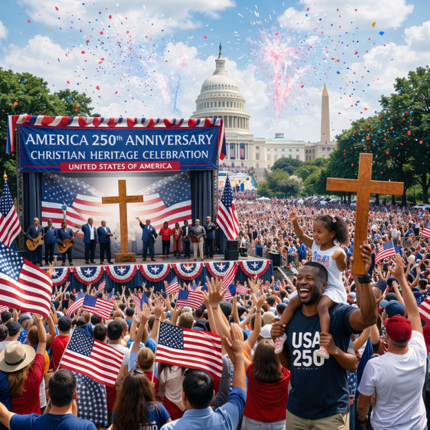 Large crowd celebrating America's 250th anniversary with Christian heritage theme and American flags