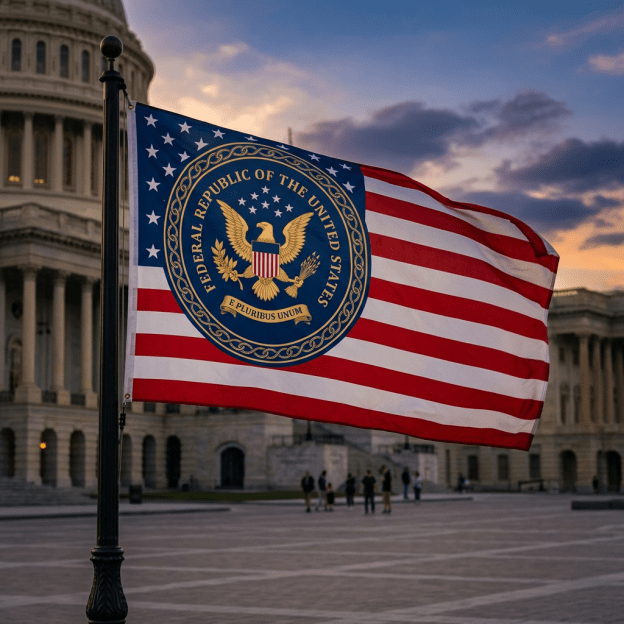 Flag of the Federal Republic of the United States with eagle seal waving by the Capitol building