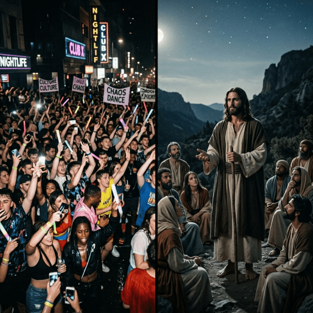 Crowd at a night club event with glow sticks and protest signs; barefoot man in biblical clothing holding a staff in a rocky mountainous landscape at night
