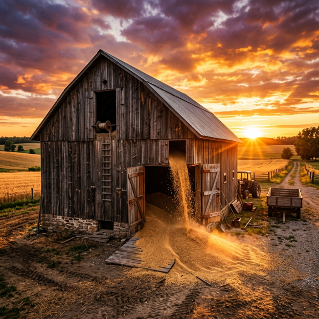 Grain flowing out of barn door onto ground near tractor at sunset