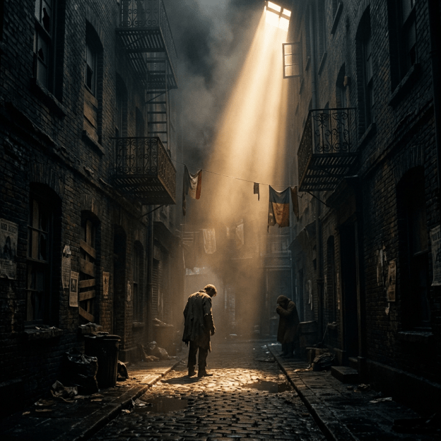 A lone person standing in a narrow cobblestone alley with sunlight streaming through an open window
