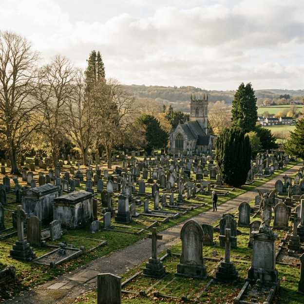 Stone church and cemetery surrounded by trees and rolling countryside