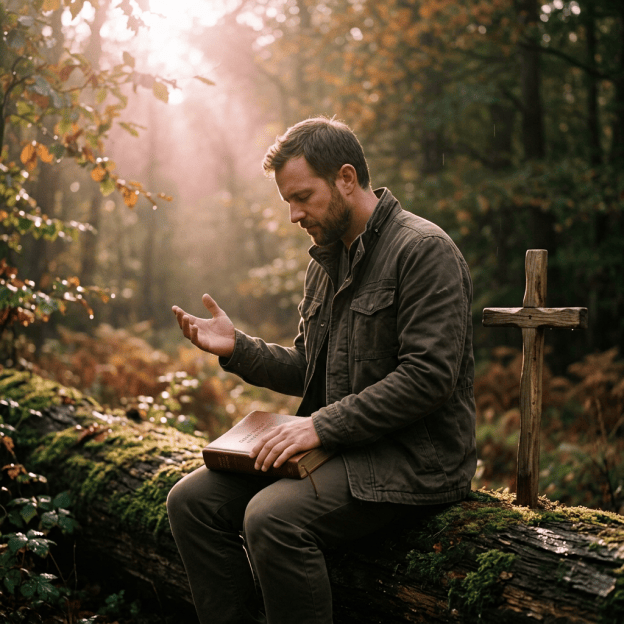 Man holding a book beside a wooden cross in a sunlit forest